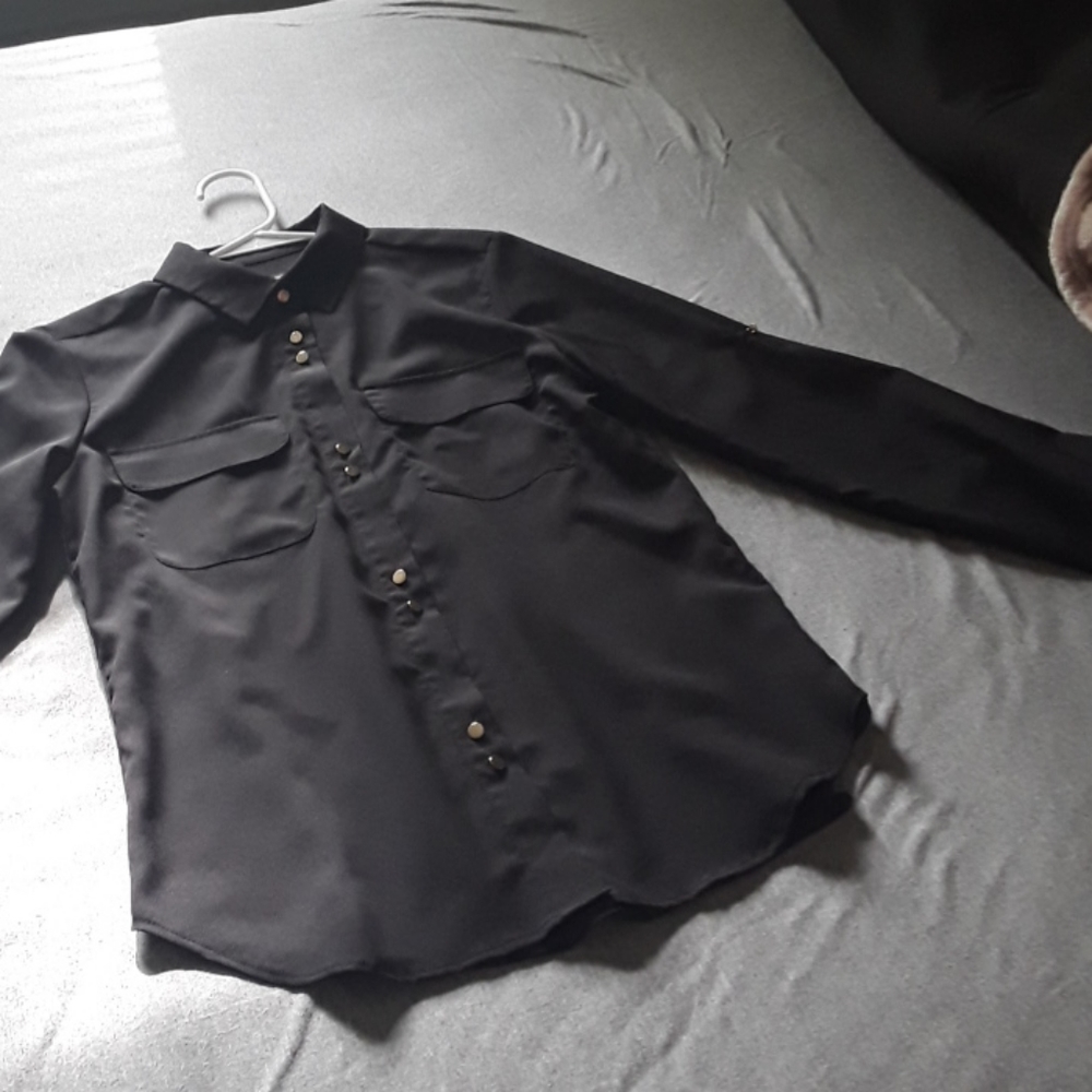 Black button up blouse with gold buttons